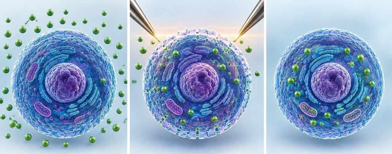 Electrochemotherapy mechanism in three stages: the drug surrounds the cell but cannot enter, electric pulses open transient pores in the membrane, and the drug is trapped inside the cell