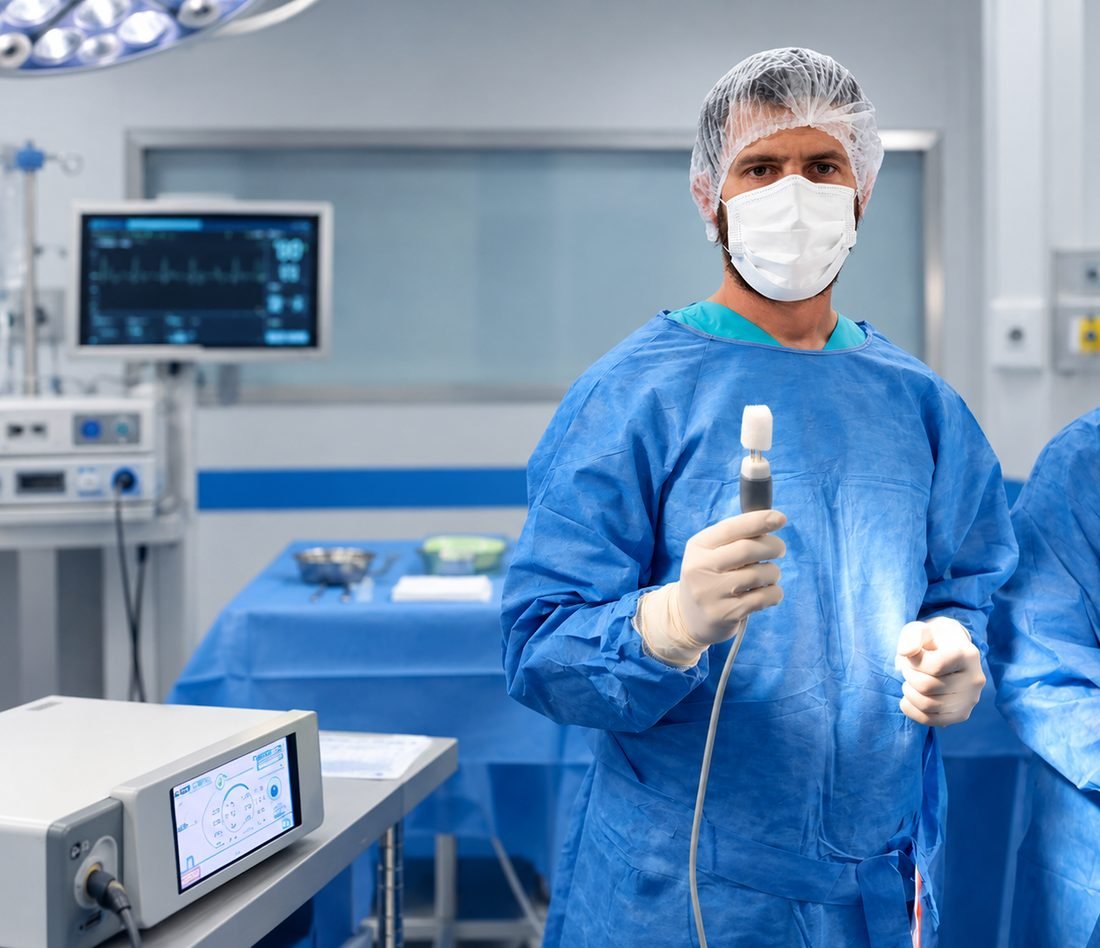 Physician holding an electrochemotherapy electrode in the operating room, next to the electroporator